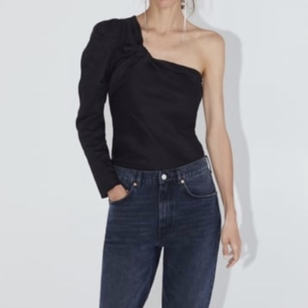 Zara Black One-Shoulder Linen Blend Asymetrical Pleated Top Size XS